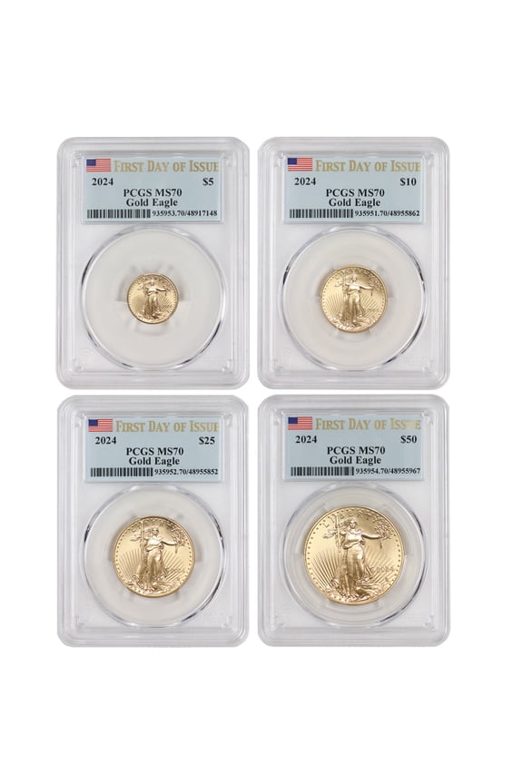 Set of 4 2024 Gold Eagle PCGS MS70 First Day of Issue Flag Label U.S. Mint Coin