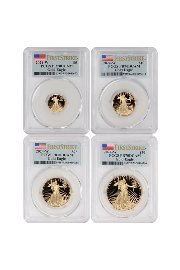 Set of 4 2024-W Gold Eagles PCGS PR70 Deep Cameo First Strike Flag Label with Original Government Packaging U.S. Mint Coin