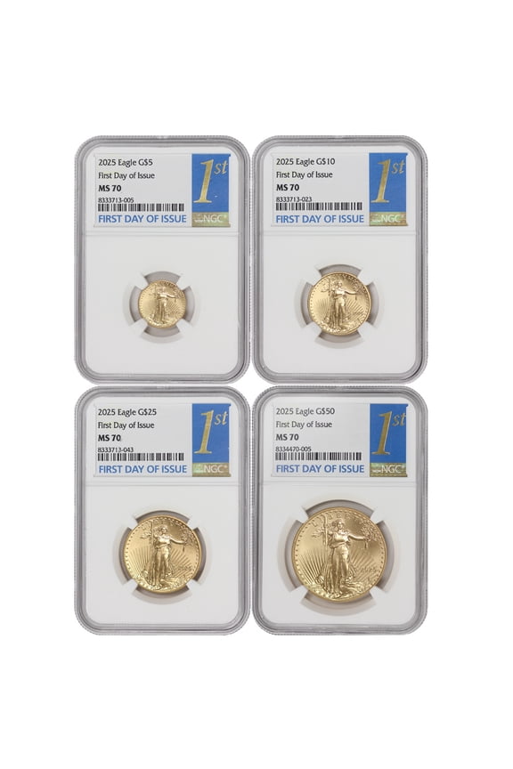 Set of 4 2025 Gold Eagle NGC MS70 First Day of Issue $50 $25 $10 $5 U.S. Mint coins