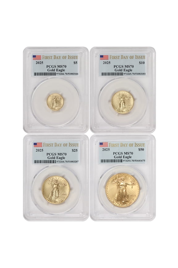 Set of 4 2025 Gold Eagle PCGS MS70 First Day of Issue Flag Label $50 $25 $10 $5 U.S. Mint coins