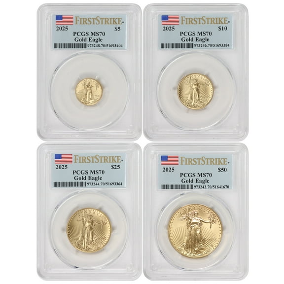 Set of 4 2025 Gold Eagle PCGS MS70 First Strike Flag Label $50 $25 $10 $5 U.S. Mint coins