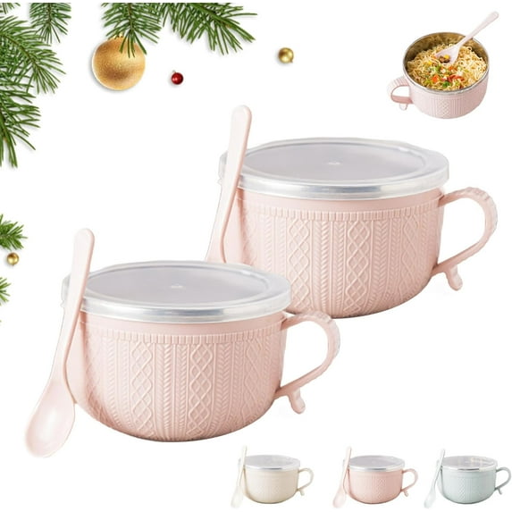Set of (4) 25-Oz Mug Meals W/Lid-Its, 2026 new 25 oz mug meals with lids, Round Holiday Meal Mugs for Coffee, Soups, Stews (Pink*2)