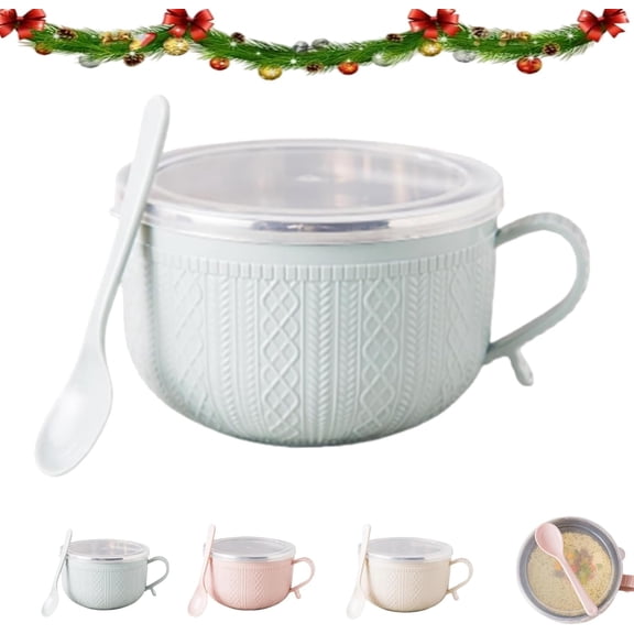 Set of (4) 25-Oz Mug Meals W/Lid-Its, 25oz Mug Meals with Lids, Round Holiday Meal Mugs with Handles & Spoon for Coffee, Soups, Stews