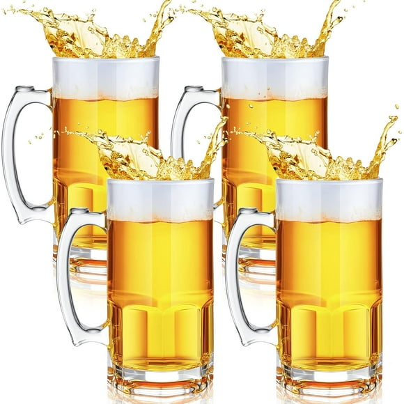 Set of 4 34 oz Extra Large Beer Mugs with Handles Glass German Clear Tall Heavy Beer Cups Steins Mugs Pint Weizen Glasses for Freezer Coffee Drinking Tea Water Cocktail Alcohol Beverages Pub
