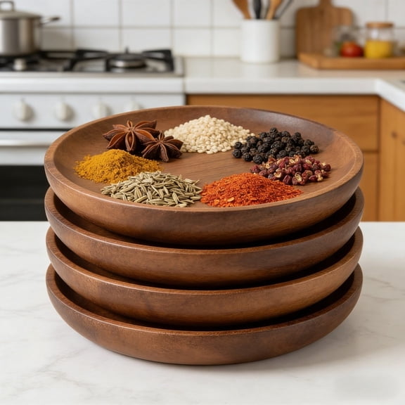 Set of 4 4.2" Round Rustic Wooden Plates, Spice Bowl Set, Handcrafted Natural Tableware for Appetizers, Desserts, Snacks & Gifts