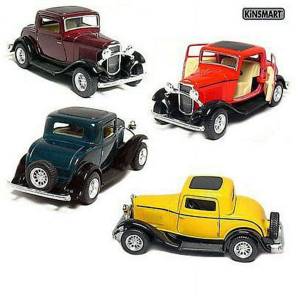 Set of 4: 5" 1932 Ford 3-Window Coupe 1:34 (Green/Maroon/Red/Yellow) diecast toy