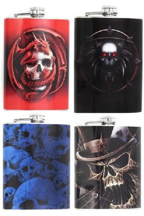 Set of 4 8oz Skull Design Vinly Wrap Stainless Steel Flask
