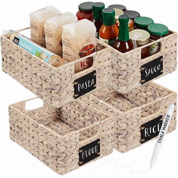Set of 4 9x12in Water Hyacinth Pantry Baskets, Woven Organizers w/Chalkboard Label, Chalk Marker - Natural