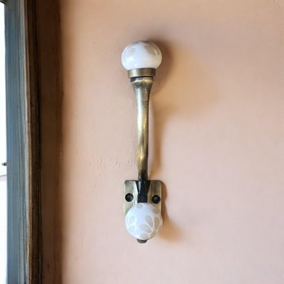 Set of 4 Antique Bronze Hooks  Etched Petal Ceramic Knob Heads