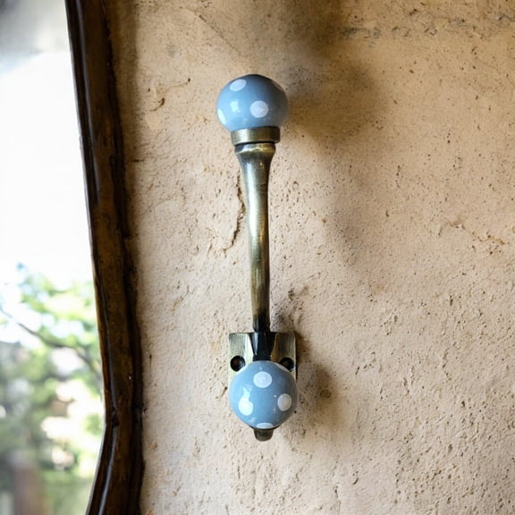 Set of 4 Antique Bronze Hooks  Grey Polka Ceramic Knob Heads