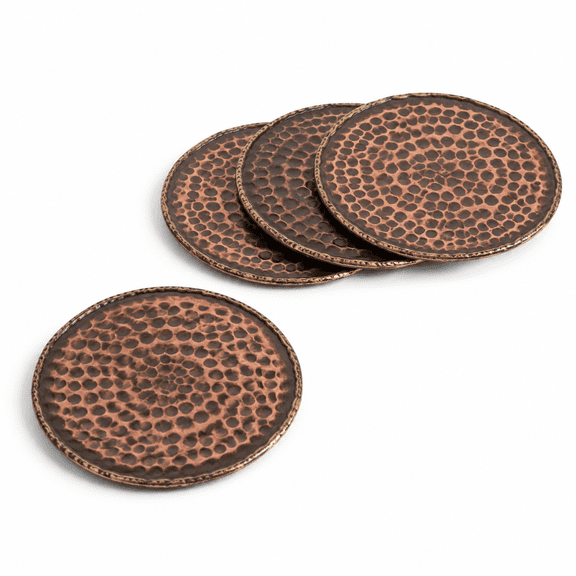 Set of 4 Antique Copper Handmade Hammered Drink Coasters with Cork Protection