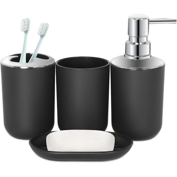 Set of 4 Apartment Bathroom Decor,Black Bathroom Accessories Set,Soap Dish and Mouthwash Cup,Plastic Soap Dispenser and Toothbrush Holder Set