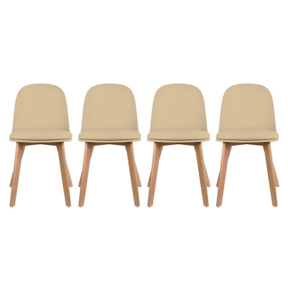 Set of 4 Armless Plastic Dining Chair Wood Legs for Dining Room Faux Leather Molded Seat With Cushion, Beige
