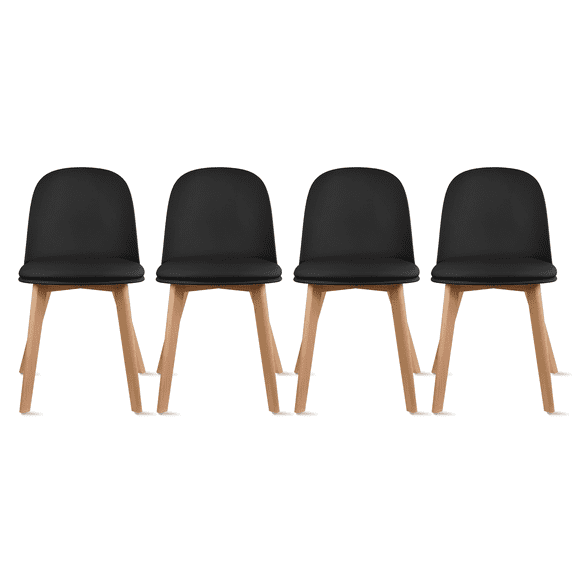 Set of 4 Armless Plastic Dining Chair Wood Legs for Dining Room Plastic Molded Seat With Cushion, Black
