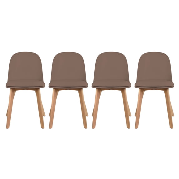 Set of 4 Armless Plastic Dining Chair Wood Legs for Dining Room Plastic Molded Seat With Cushion, Brown