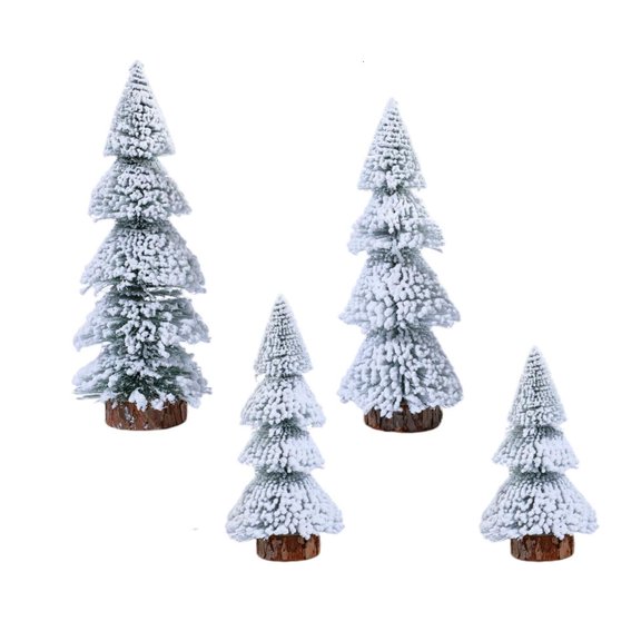 4Pcs Small Faux Pine Trees with Wood Base Flocking Christmas Tree Decoration Festival Table Centerpieces