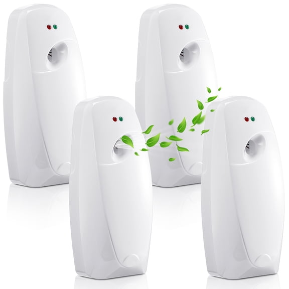 Set of 4 Automatic Air Freshener Spray Dispensers, Wall Mounted or Free Standing, Battery Operated for Bathroom, Room, or Commercial Use in White