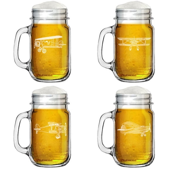 Set of 4 Aviation Airplane 16oz Mason Jar Glass Mug w/Handle