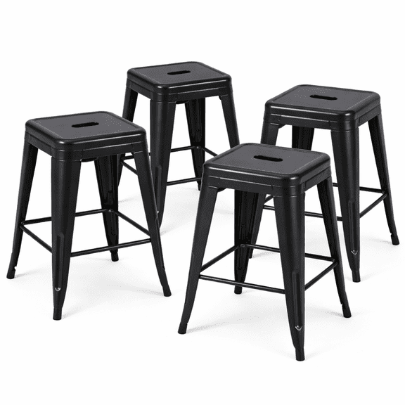 Set of 4 Backless Metal Counter Height Bar Stools, 24 Inch Matte Black Iron Stools Easy Assembly Space Saving for Kitchen Island Bar Cafe Dining Room