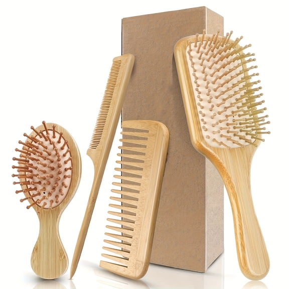 Set of 4 Bamboo Hair Combs and Scalp Massagers for Men and Women, Including Fine-Toothed and Detangling Combs for Hair Care and Sensitive Scalp