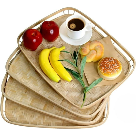 Set of 4 Bamboo Wicker Serving Trays for Foods & Drinks, Rectangular Breakfast Lap with Handles Wooden Decorative Platters Coffee Table, Bed Eating