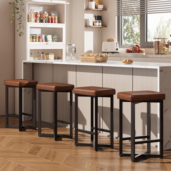 Set of 4 Bar Stools, 24.6" Counter Height Backless PU Leather Stools, Modern Kitchen Stools with Metal X-Frame & Footrest for Home Bar, Brown