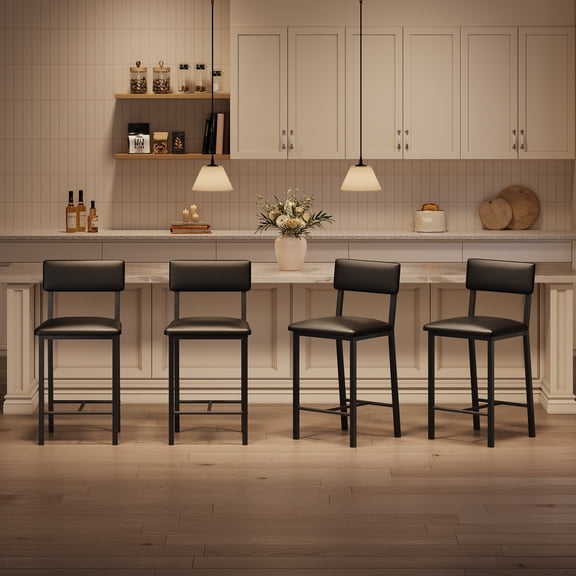 Set of 4 Bar Stools, 25" Height Counter Stools with Ergonomic Backrest, PU Leather Seat, Heavy-Duty Metal Frame for Kitchen, Bar, Restaurant