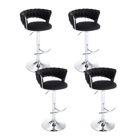 Set of 4 Bar Stools with Chrome Footrest and Base Swivel Height Adjustable Mechanical Lifting Velvet, Chrome Leg Simple Bar Stool (Black)