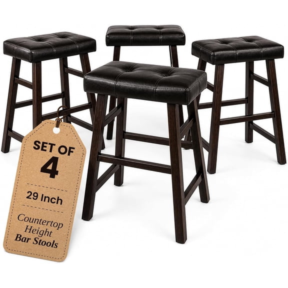 Set of 4 Counter Height 24" Bar Stools Wood Frame & Brown Leather Kitchen Island Barstools