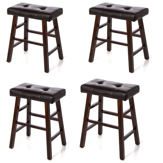Set of 4 Counter Height 24" Bar Stools Wood Frame & Brown Leather Kitchen Island Barstools