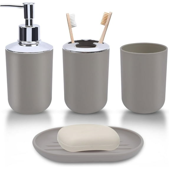 Set of 4 Bathroom Accessories,Modern Home Decor,QZS Cute Bathroom Decor,Gray Soap Dish and Mouthwash Cup,Plastic Soap Dispenser and Toothbrush Holder