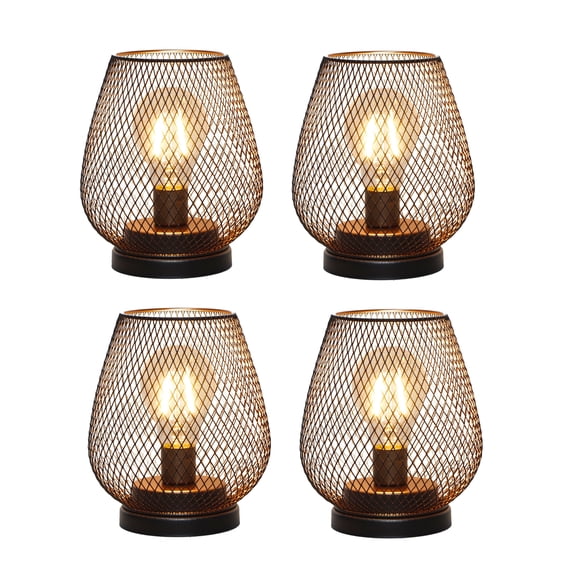 Set of 4 Battery Operated Lamp LED Table Lantern, Metal Cage Cordless Lamps with LED Bulb