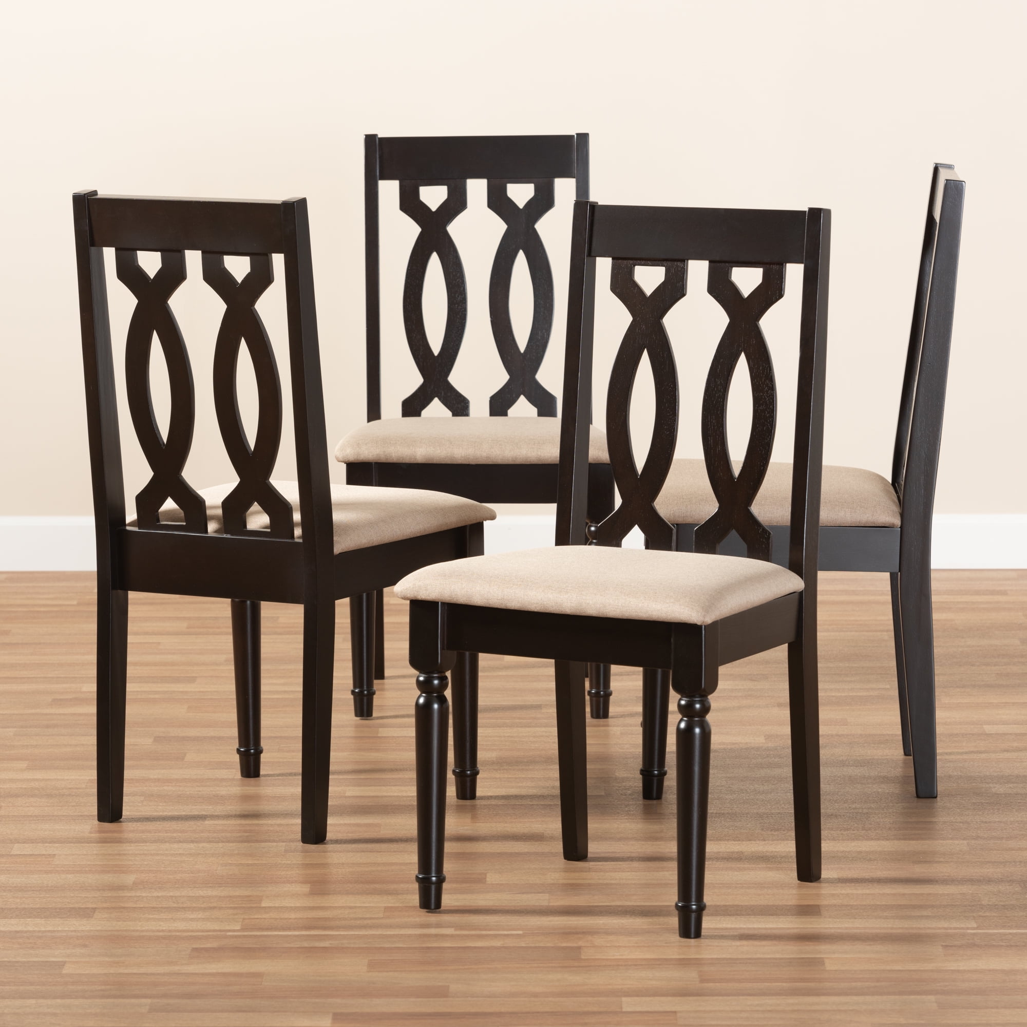 Set of 4 Baxton Studio Cherese Modern and Contemporary Sand Fabric Upholstered Espresso Brown Finished Wood Dining Chair