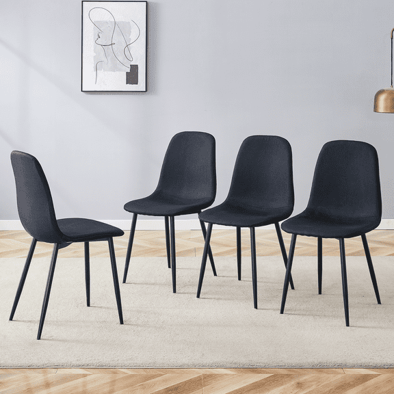 Set of 4 Black Linen-Cotton Dining Chairs with Black Metal Legs & Integral Frame