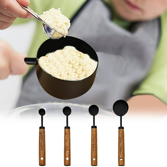 Measuring Cups and Spoons Black Measuring Cups with Wooden Handle Stainless Steel Measuring Spoons and Scoops Set for Kitchen Flour Spice Seasoning Measurement Set of 4