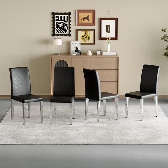 Set of 4 Black PU Dining Chairs with Silver Metal Legs - Modern Minimalist Style, 16.2" x 18.5" x 34.6" - Ideal for Living Room, Kitchen, or Office