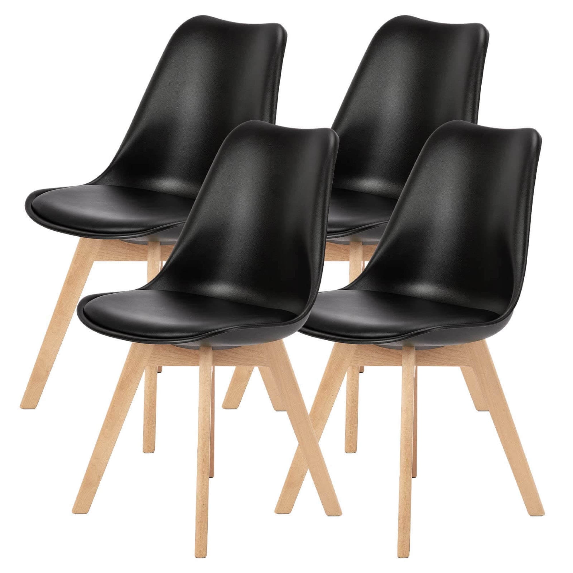 Black Faux Leather Upholstered Dining Side Chairs with Wood Legs, Set of 4