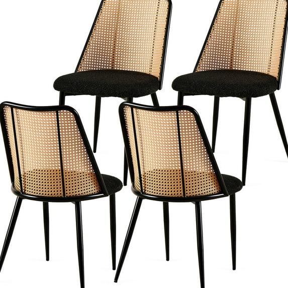 Set of 4 Black Rattan Chairs with Boucle Upholstery / Comfortable Seating for Various Living Spaces
