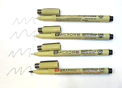 Set of 4 Black Sakura Pigma Micron Pens - 005, 02, 05 and Graphic #1