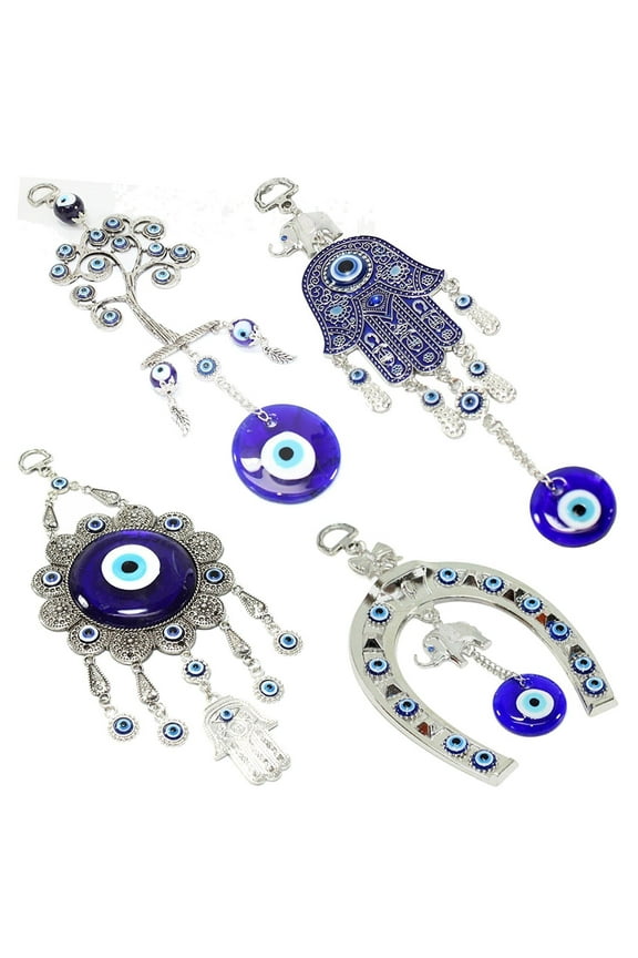 Set of 4 Blue Blue Evil Eye Wall Hanging Amulets Hamsa Hand Unique Keychains Good Luck Gifts -D