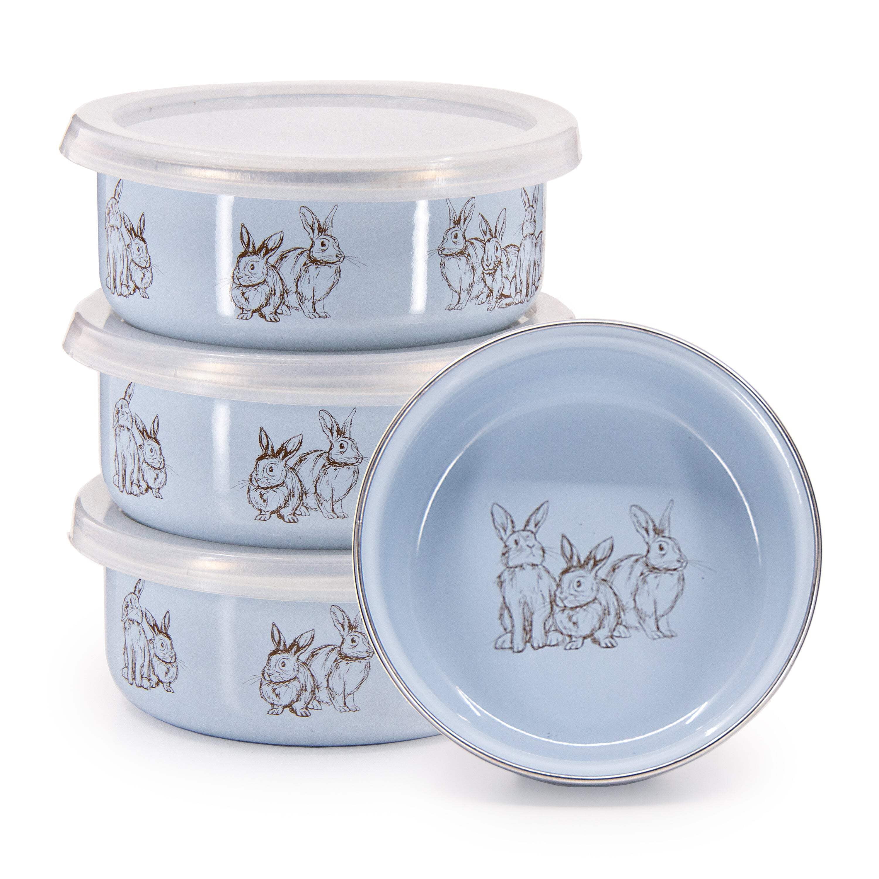 Blue Bunny Pattern Enamelware 14oz Round Soup Bowls, Set of 4