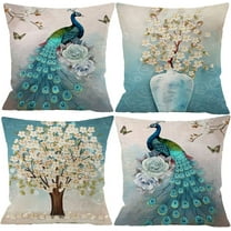 Set of 4 Blue Peacock Print Throw Pillow Covers, Decorative Linen Square Cushion Covers with Zipper for Living Room Couch Sofa Decor