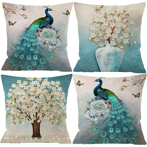 Set of 4 Blue Peacock Print Throw Pillow Covers, Decorative Linen Square Cushion Covers with Zipper for Living Room Couch Sofa Decor