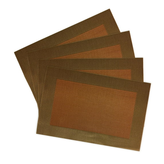 Set of 4 Border Weaved PVC Placemats, 12"x18", Reversible 2-Tone, Gold-Red