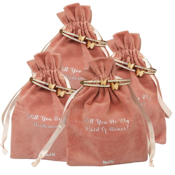 Set of 4 Bridal Party Proposal Pouch with Butterfly Bracelet - 3 Bridesmaids, 1 Maid of Honor - Rose Gold
