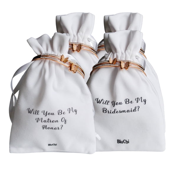 Set of 4 Bridal Party Proposal Pouch with Butterfly Bracelet - 3 Bridesmaids, 1 Matron of Honor -White