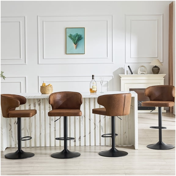 Set of 4 Brown Suede Bar Stools, Swivel Adjustable Counter Height Stools with High Back for Home Kitchen Island