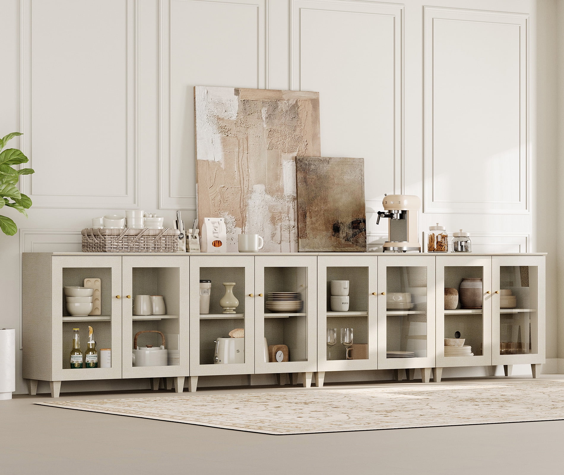 Set of 4 Buffet Cabinet Sideboard With Glass Doors, Adjustable Shelves and Cable Management For Kitchen Dining Room, 142" W, Beige Wood