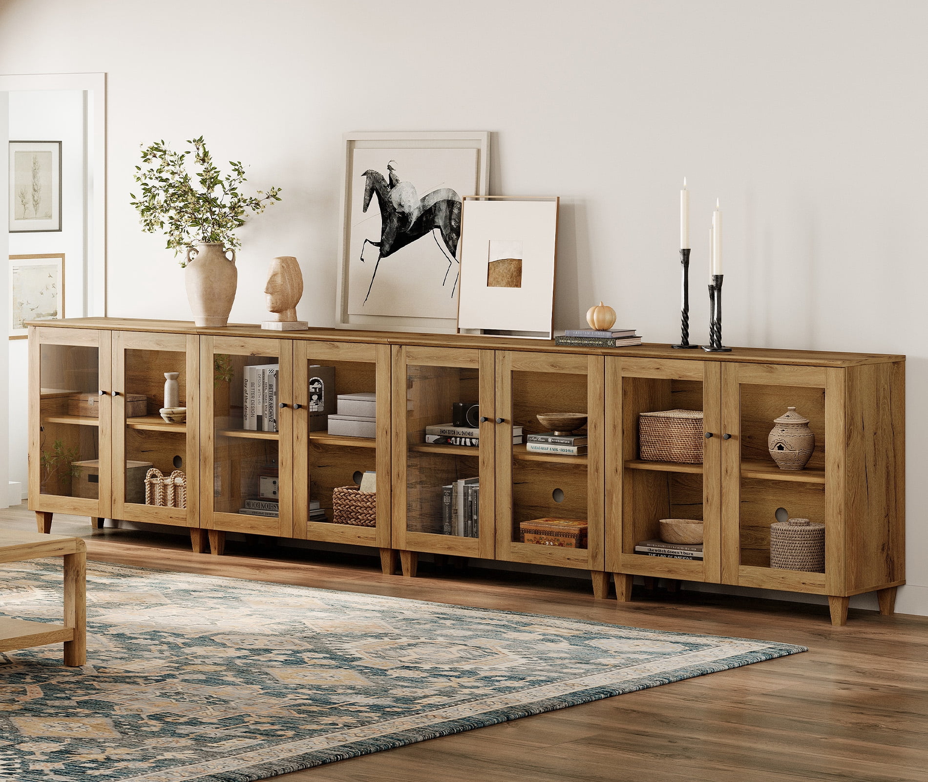 Set of 4 Buffet Cabinet Sideboard With Glass Doors, Adjustable Shelves and Cable Management For Kitchen Dining Room, 142" W, Brown Wood