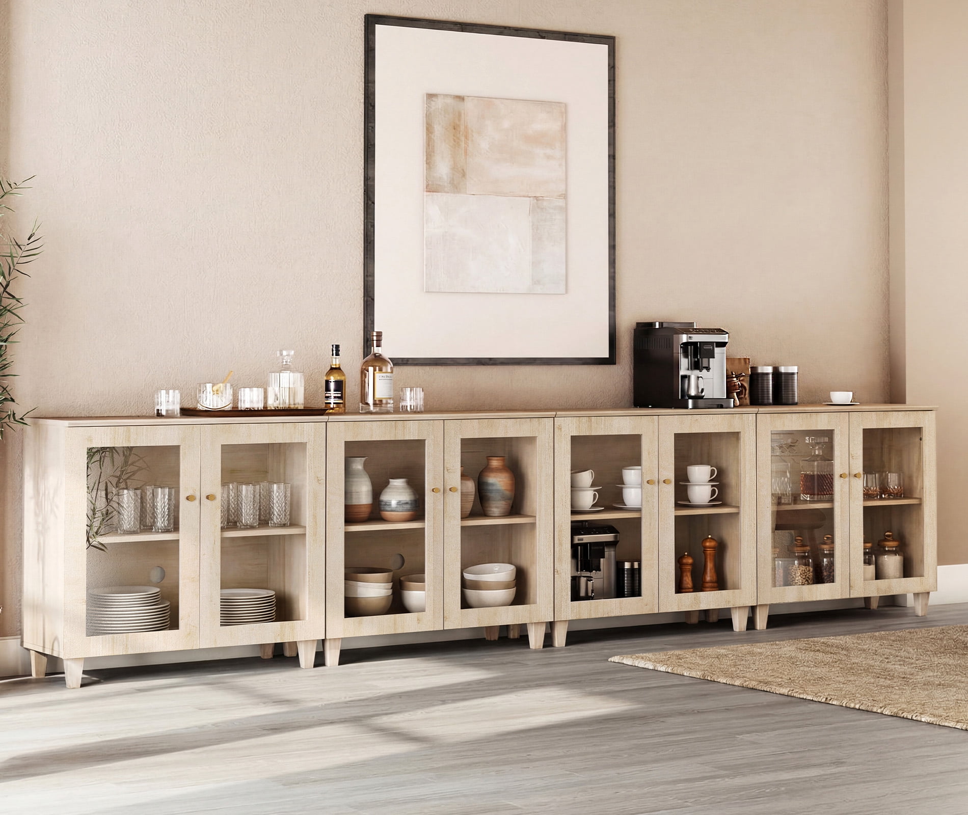 Set of 4 Buffet Cabinet Sideboard With Glass Doors, Adjustable Shelves and Cable Management For Kitchen Dining Room, 142" W, White Oak Wood